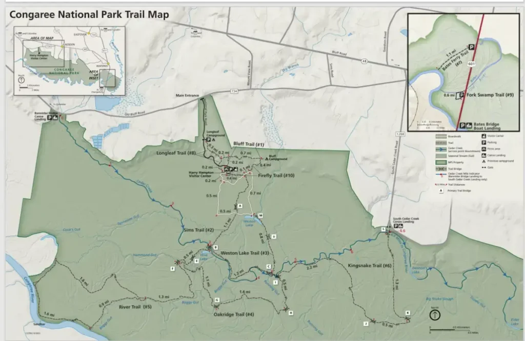 Map of a park with trails and landmarks.